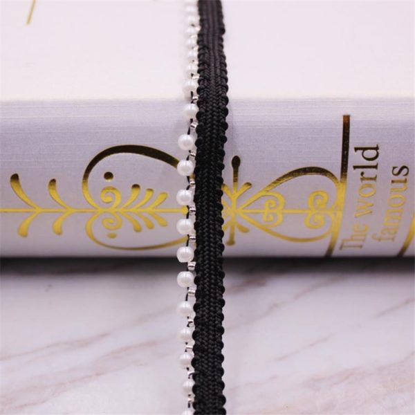 1 Yards White black Pearl Beaded Lace Trim Tape Lace Ribbon African Lace Fabric Collar Dress 4 1 Yards White/black Pearl Beaded Lace Trim Tape Lace Ribbon African Lace Fabric Collar Dress Sewing Garment Headdress Materials