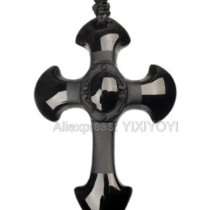 Drop Shipping Natural Black Obsidian Carved Cross Lucky pendant free beads necklace for woman man Hand Innrech Market.com