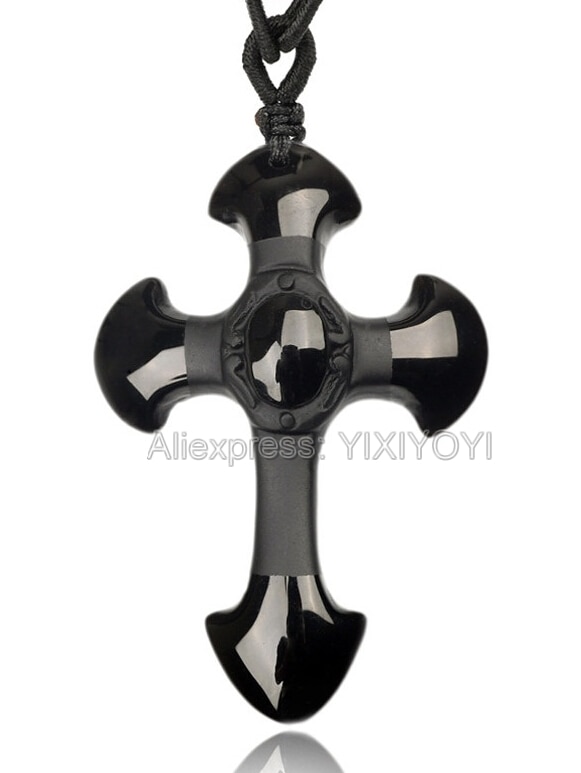 Drop Shipping Natural Black Obsidian Carved Cross Lucky pendant free beads necklace for woman man Hand Drop Shipping Natural Black Obsidian Carved Cross Lucky pendant free beads necklace for woman man Hand carved Pendants Jewelry