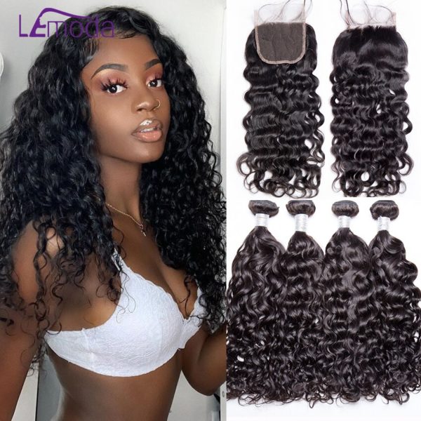 Malaysian Water Wave Human Hair Bundles With Closure 3 or 4 Bundles With Closure LeModa Remy Malaysian Water Wave Human Hair Bundles With Closure 3 or 4 Bundles With Closure LeModa Remy Hair Extensions Middle Free Closure