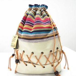 Original ethnic canvas sack pack lady cotton printed colorful backpack teenage straw string follow out strip Innrech Market.com