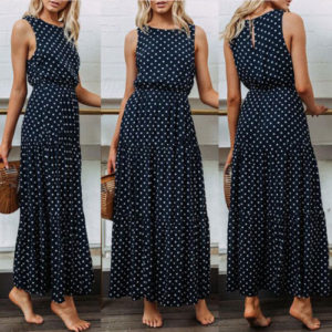 2019 Bobo Women Dark Blue Boho Loose Sleeveless Holiday Dot Print Long Maxi Dress Evening Party Innrech Market.com
