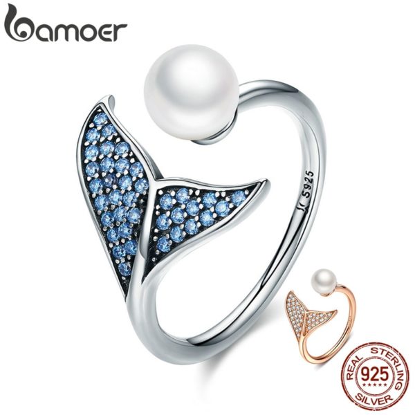BAMOER Authentic 925 Sterling Silver Adjustable Dolphin Tail Blue CZ Finger Rings for Women Sterling Silver BAMOER Authentic 925 Sterling Silver Adjustable Dolphin Tail Blue CZ Finger Rings for Women Sterling Silver Jewelry Gift SCR286