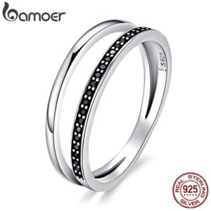 BAMOER Genuine 925 Sterling Silver Double Circle Black Clear CZ Stackable Finger Ring for Women Fine Innrech Market.com
