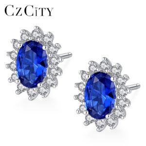 CZCITY New Natural Birthstone Royal Blue Oval Topaz Stud Earrings With Solid 925 Sterling Silver Fine Innrech Market.com