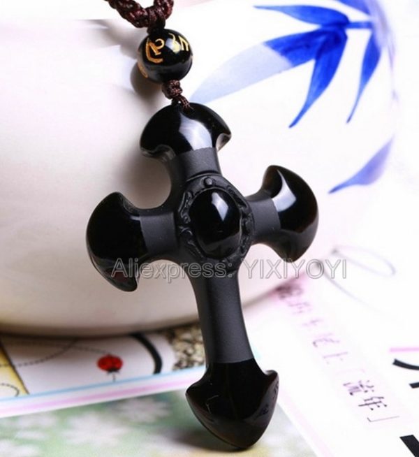 Drop Shipping Natural Black Obsidian Carved Cross Lucky pendant free beads necklace for woman man Hand 2 Drop Shipping Natural Black Obsidian Carved Cross Lucky pendant free beads necklace for woman man Hand carved Pendants Jewelry