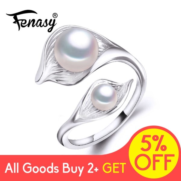 FENASY Natural Freshwater Double Pearl Ring Boho Fashion Leaf Statement Cocktail 925 Sterling Silver Rings For FENASY Natural Freshwater Double Pearl Ring Boho Fashion Leaf Statement Cocktail 925 Sterling Silver Rings For Women Jewelry