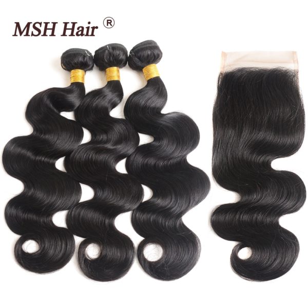 MSH Hair Brazilian Body Wave Human Hair Weave Bundles With 4 4 Lace Closure 130 Density MSH Hair Brazilian Body Wave Human Hair Weave Bundles With 4*4 Lace Closure 130% Density Non Remy