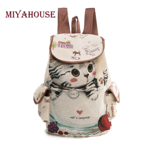 Miyahouse Casual Canvas School Backpack Women Lovely Cat Printed Drawstring Backpack Teenager Large Capacity Ladies School Miyahouse Casual Canvas School Backpack Women Lovely Cat Printed Drawstring Backpack Teenager Large Capacity Ladies School Bag