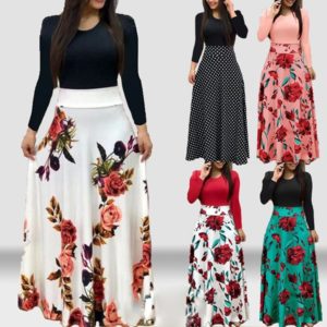 New Summer Flower Dot Print Color Matching Long Sleeve High Waist Women Maxi Dress Innrech Market.com