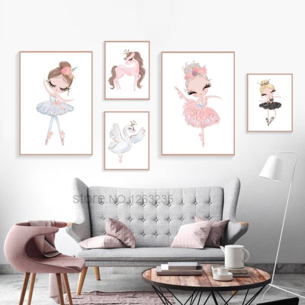 Ballet Princess Nursery Nordic Poster Unicorn Wall Art Canvas Painting Swan Wall Pictures For Children Room Ballet Princess Nursery Nordic Poster Unicorn Wall Art Canvas Painting Swan Wall Pictures For Children Room Kid Cuadros Unframed
