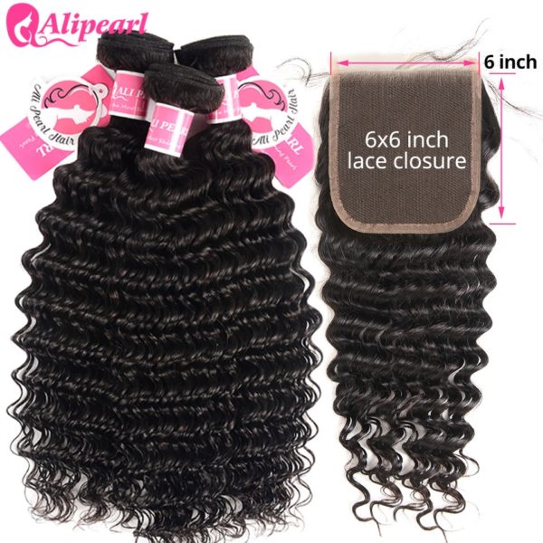 Deep Wave Human Hair Bundles With Closure 6x6 Free Part Pre Plucked Brazilian Bundles With Closure 4 Deep Wave Human Hair Bundles With Closure 6x6 Free Part Pre Plucked Brazilian Bundles With Closure Remy Hair Extension AliPearl