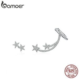 BAMOER Star Comet Asymmetry Stud Earrings for Women Clear CZ Bright Meteor Ear Stud 925 Sterling Innrech Market.com