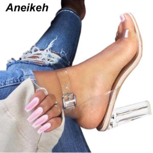 Aneikeh 2020 PVC Jelly Sandals Crystal Open Toed High Heels Women Transparent Heel Sandals Slippers Pumps Innrech Market.com