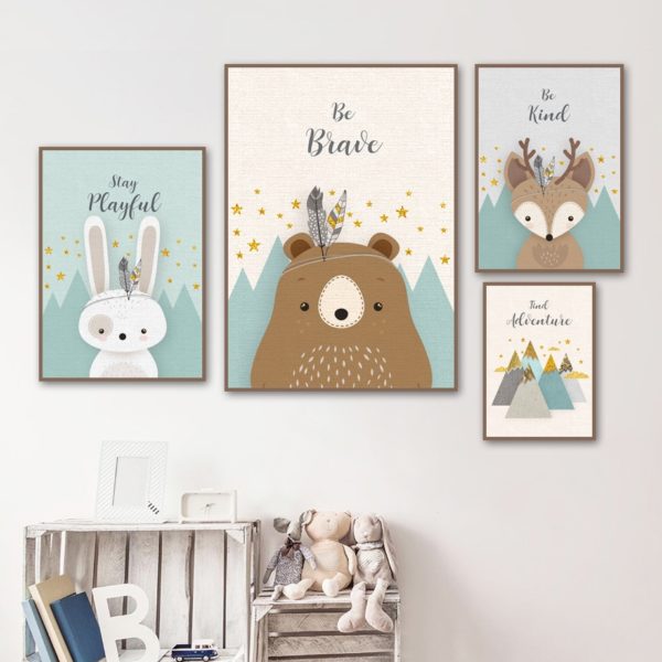 Bear Rabbit Fox Deer Nursery Wall Art Canvas Painting Cartoon Nordic Posters And Prints Wall Pictures 1 Bear Rabbit Fox Deer Nursery Wall Art Canvas Painting Cartoon Nordic Posters And Prints Wall Pictures Girl Boy Kids Room Decor