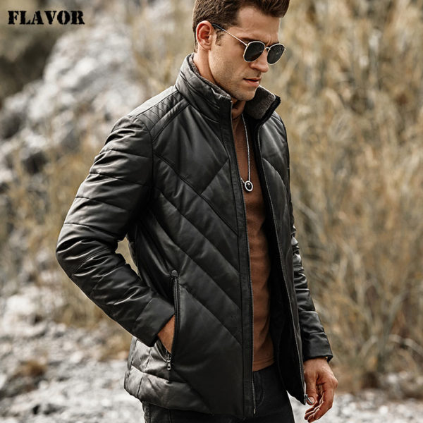 FLAVOR Men s Real Leather Down Jacket Men Genuine Lambskin Winter Warm Leather Coat with Removable FLAVOR Men's Real Leather Down Jacket Men Genuine Lambskin Winter Warm Leather Coat with Removable Standing Sheep Fur Collar