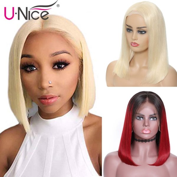 UNice Hair 13x4 6 Blonde Short Lace Front Human Hair Wigs Brazilian Remy Hair Bob with 1 UNice Hair 13x4/6 Blonde Short Lace Front Human Hair Wigs Brazilian Remy Hair Bob with Pre Plucked Lace Wigs Half Up Half Down