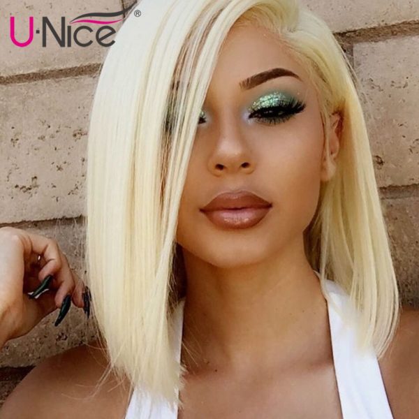 UNice Hair 13x4 6 Blonde Short Lace Front Human Hair Wigs Brazilian Remy Hair Bob with 4 UNice Hair 13x4/6 Blonde Short Lace Front Human Hair Wigs Brazilian Remy Hair Bob with Pre Plucked Lace Wigs Half Up Half Down