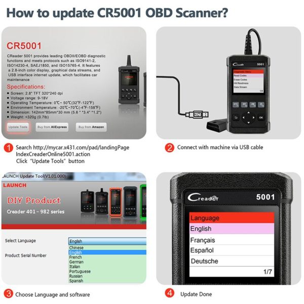 Launch X431 CR5001 OBD2 Scanner Engine Code Reader ODB2 Car Diagnostic Tool Free Update Support full 4 Launch X431 CR5001 OBD2 Scanner Engine Code Reader ODB2 Car Diagnostic Tool Free Update Support full OBD2 Automotive Scanner