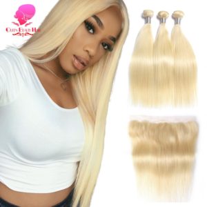 QUEEN BEAUTY 613 Blonde Straight Brazilian Hair Weave Human Hair Bundles with Closure 3PC Remy Hair Innrech Market.com