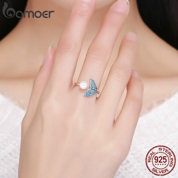 BAMOER Authentic 925 Sterling Silver Adjustable Dolphin Tail Blue CZ Finger Rings for Women Sterling Silver 2 BAMOER Authentic 925 Sterling Silver Adjustable Dolphin Tail Blue CZ Finger Rings for Women Sterling Silver Jewelry Gift SCR286