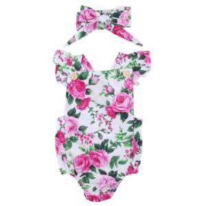 Baby Girl Spaghetti straps Halter Romper Headbamd Jumpsuit Floral Sunsuit Outfits 2 pieces Set for Christmas Innrech Market.com