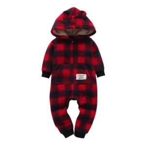 kid boy girl Long Sleeve Hooded Fleece jumpsuit overalls red plaid Newborn baby winter clothes unisex Innrech Market.com