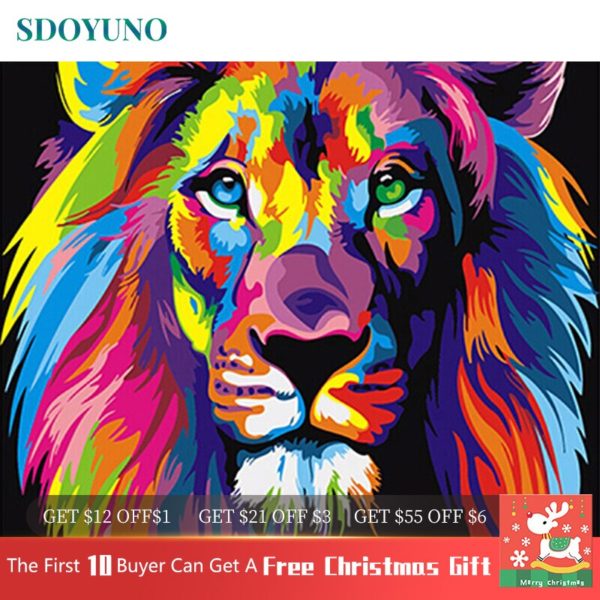 SDOYUNO 60x75cm Frame DIY Painting By Numbers Kits Colorful Lions Animals Hand Painted Oil Paint By SDOYUNO 60x75cm Frame DIY Painting By Numbers Kits Colorful Lions Animals Hand Painted Oil Paint By Numbers For Home Decor Art