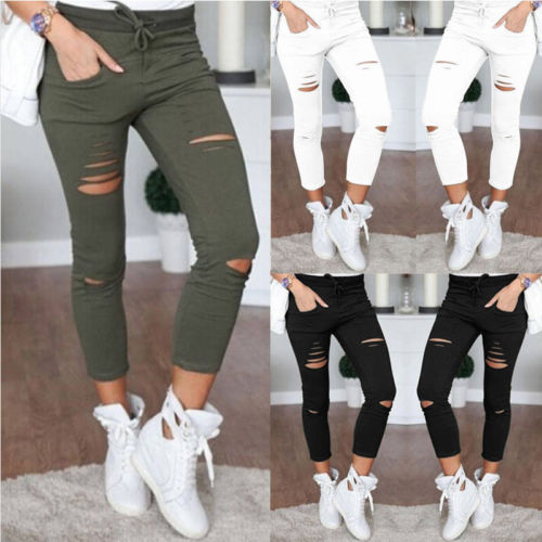 New Women Skinny Ripped Knee Hole Bandage Jeans Solid Color arrival Pants High Waist Stretch Slim New Women Skinny Ripped Knee Hole Bandage Jeans Solid Color arrival Pants High Waist Stretch Slim Pencil Trouser