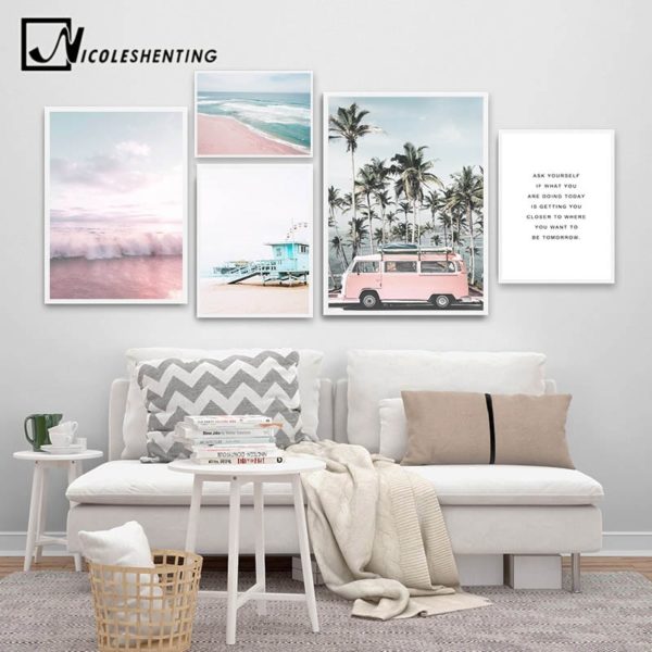 Ocean Landscape Canvas Poster Nordic Style Beach Pink Bus Wall Art Print Painting Decoration Picture Scandinavian Ocean Landscape Canvas Poster Nordic Style Beach Pink Bus Wall Art Print Painting Decoration Picture Scandinavian Home Decor