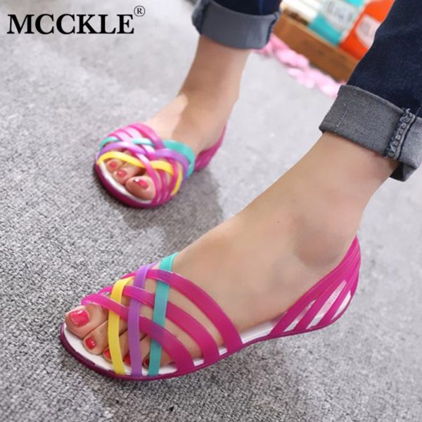 MCCKLE Women Jelly Shoes Rainbow Summer Sandals Female Flat Shoes Ladies Slip On Woman Candy Color MCCKLE Women Jelly Shoes Rainbow Summer Sandals Female Flat Shoes Ladies Slip On Woman Candy Color Peep Toe Women's Beach Shoes