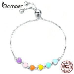 bamoer Rainbow Color Enamel Heart Bracelet for Women Heart shape 925 Sterling Silver Chain Bracelet Anti Innrech Market.com